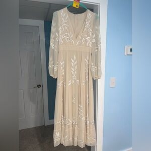 Anthropologie Cream Floral Beaded Embroidered Dress